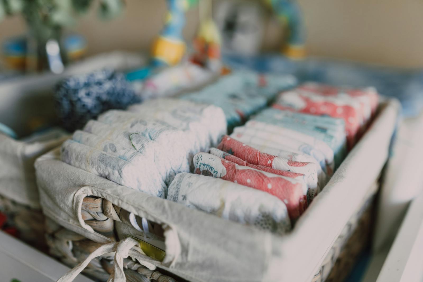 A basket of folded clean diapers ready for a newborn